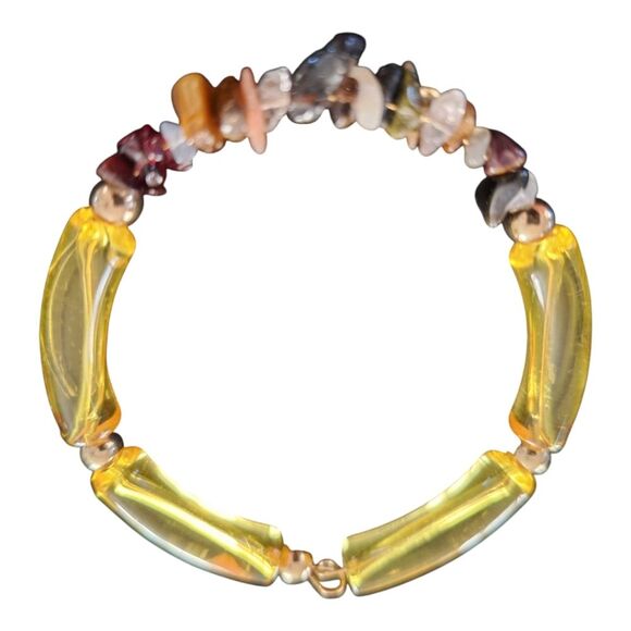 Yellow Bangle Cuff Bracelet Handmade with Stone, Metal, and Plastic - Picture 1 of 6